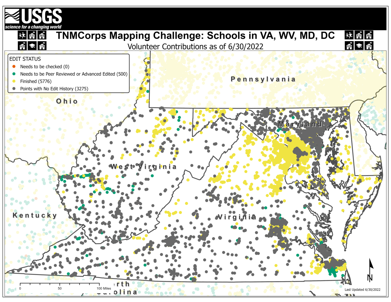TNMCorps Mapping Challenge: Schools with No Edit History in Virginia, West Virginia, Maryland, and Washington, (06/30/2022)