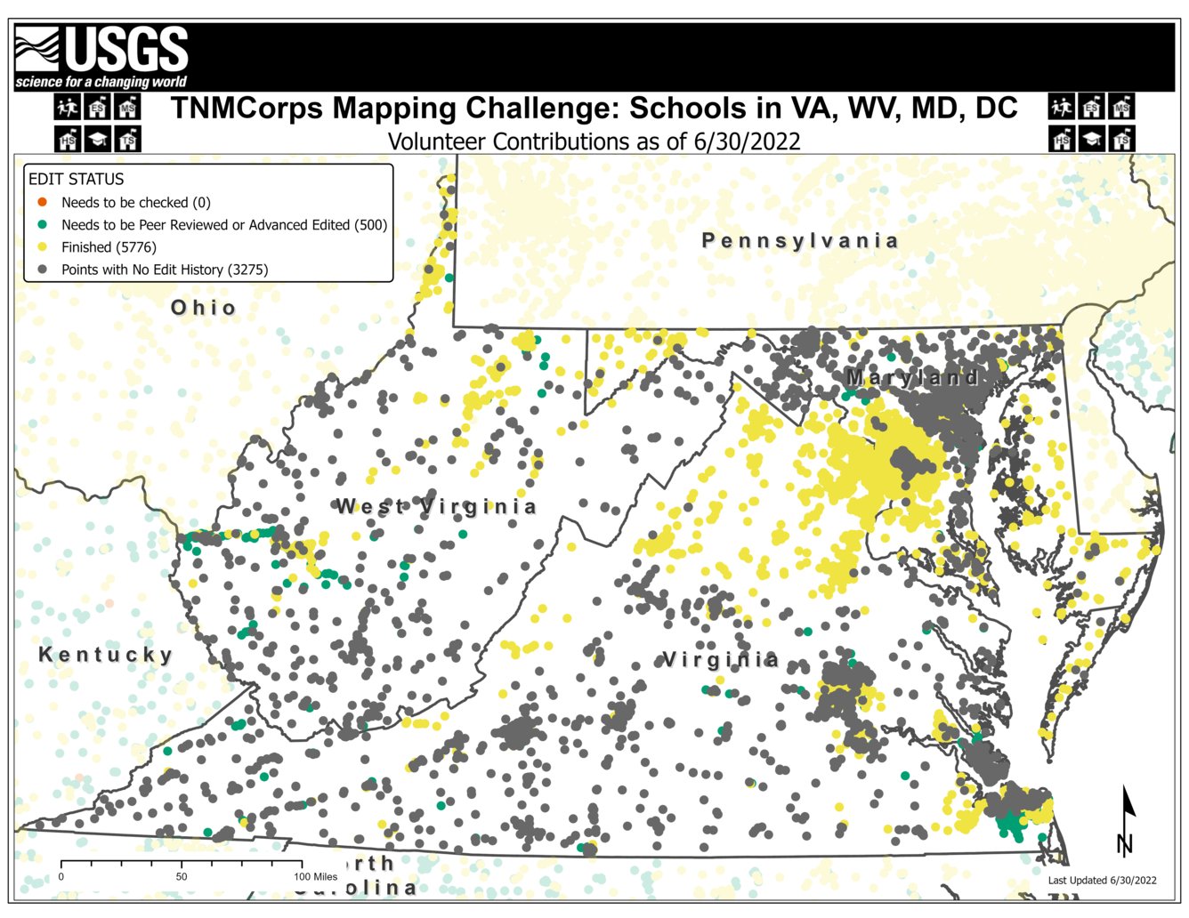 TNMCorps Mapping Challenge: Schools with No Edit History in Virginia, West Virginia, Maryland, and Washington, D.C.  (06/30/2022) 