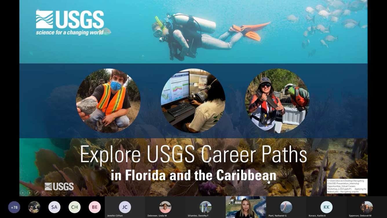 Screenshot of slide labeled 'Explore USGS Career Paths in Florida and the Caribbean' over a photo of a SCUBA diver underwater