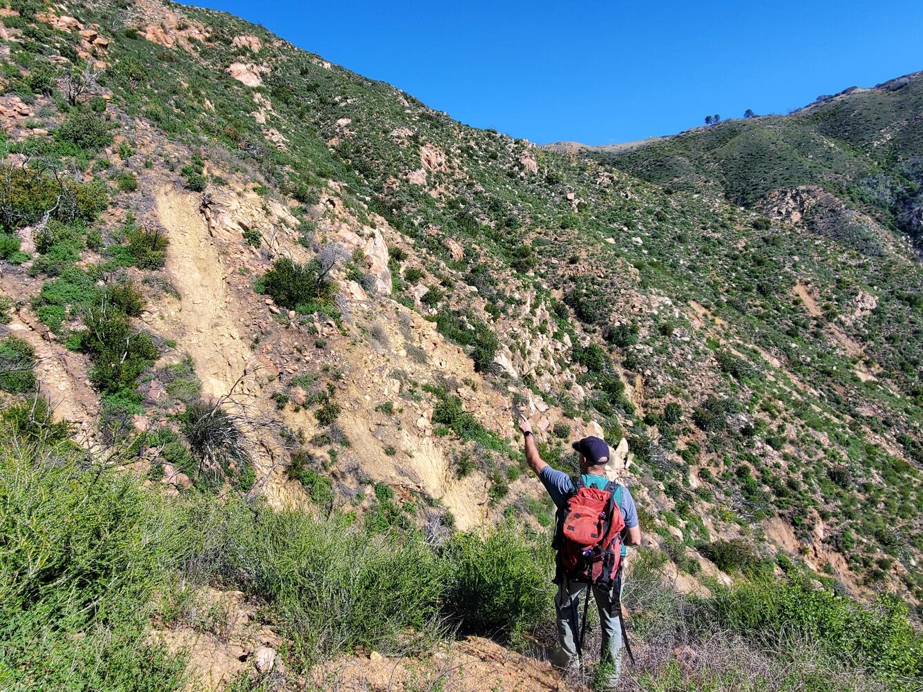 person points at dirt and shrub covered hillslide