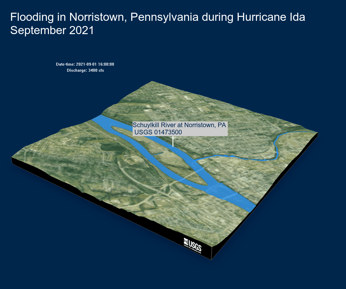 A 3D aerial view of Norristown, Pennsylvania shows where the Schuylkill River passes through the city. 