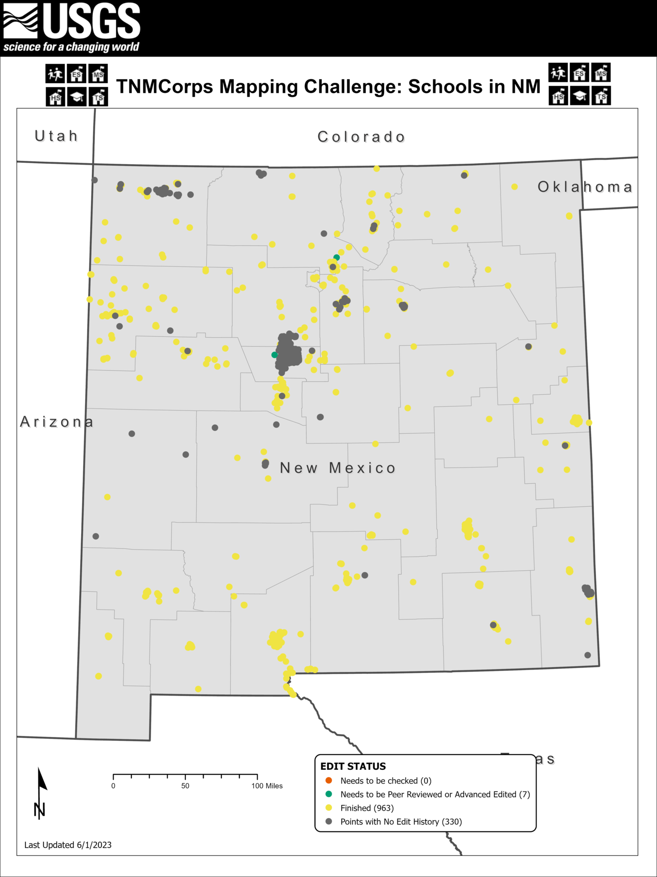 TNMCorps Mapping Challenge: Schools with No Edit History in New Mexico (06/01/2023)