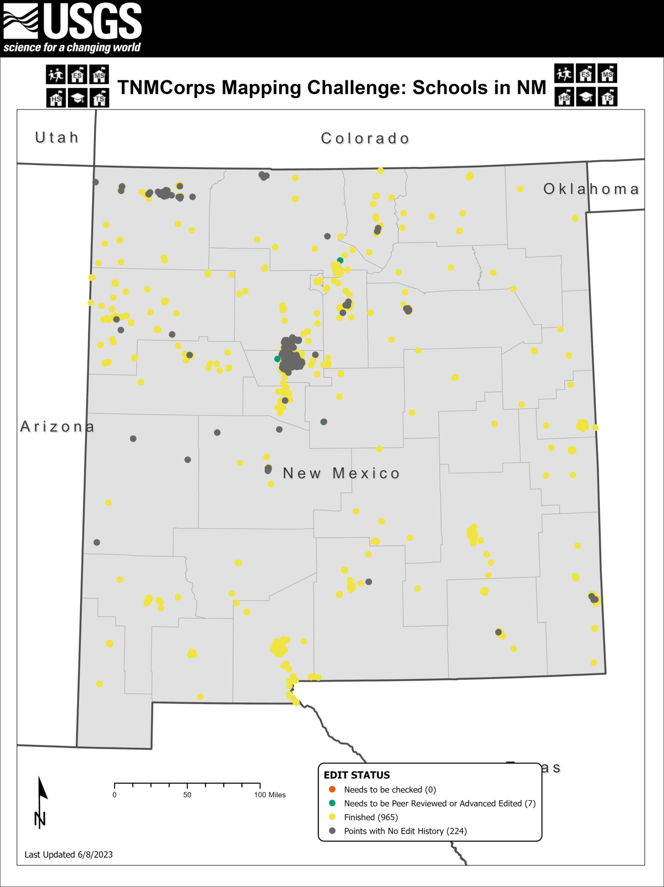 TNMCorps Mapping Challenge: Schools with No Edit History in New Mexico (06/08/2023)