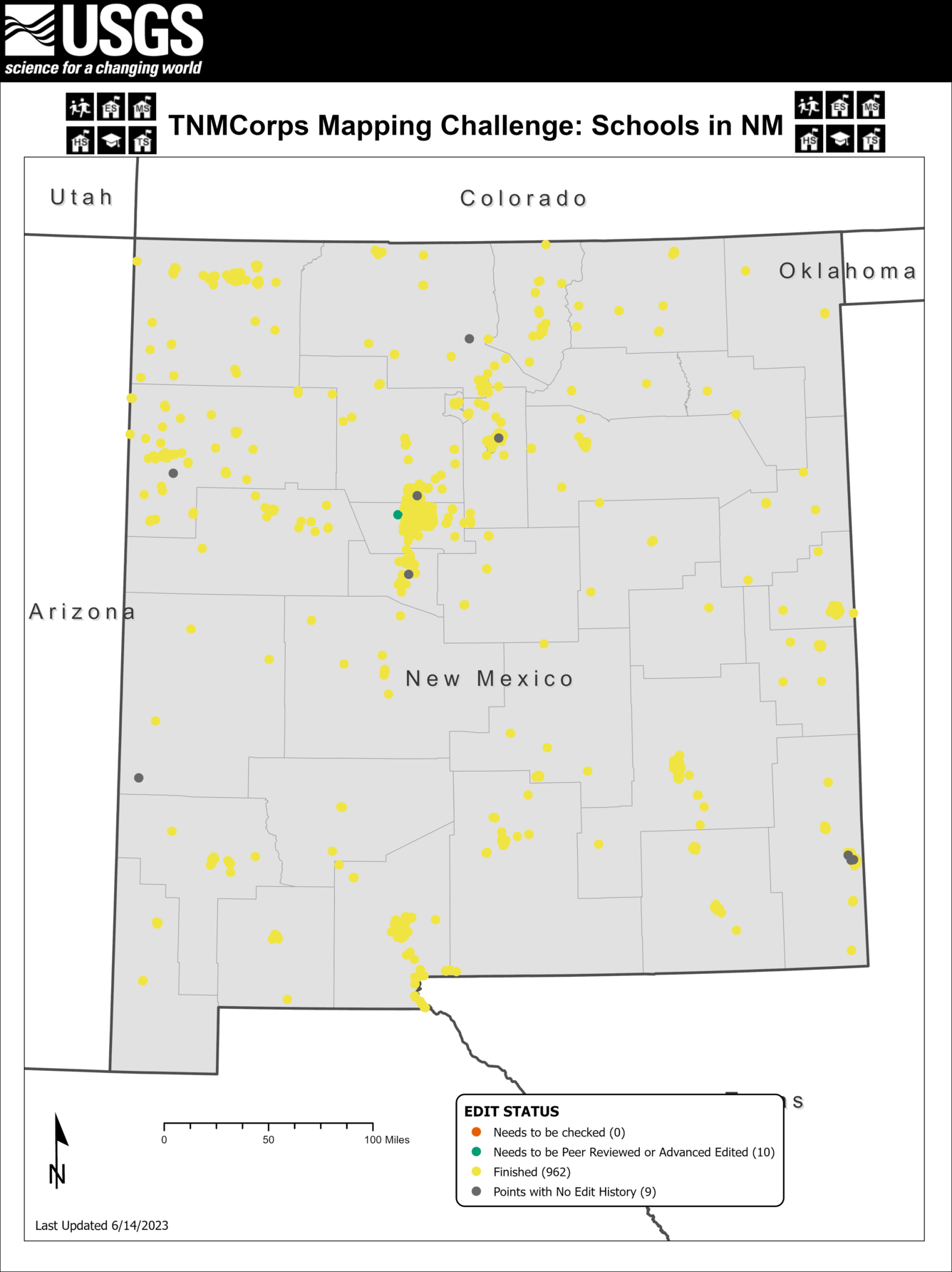 TNMCorps Mapping Challenge: Schools with No Edit History in New Mexico (06/14/2023)