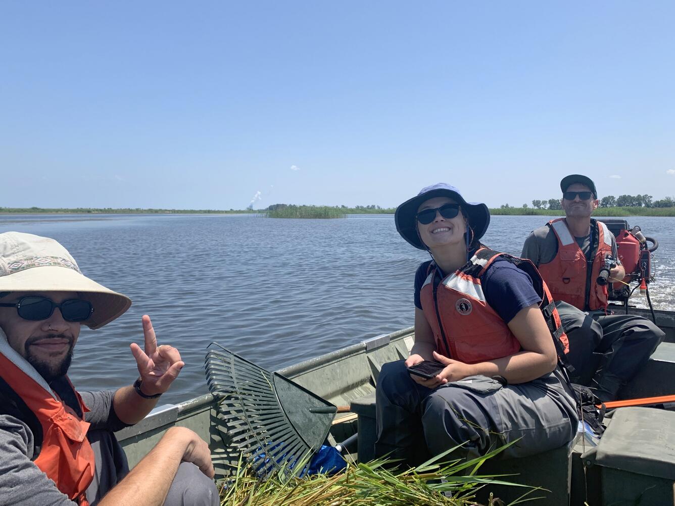 Three researchers in a small boat in a marsh monitoring invasive plants