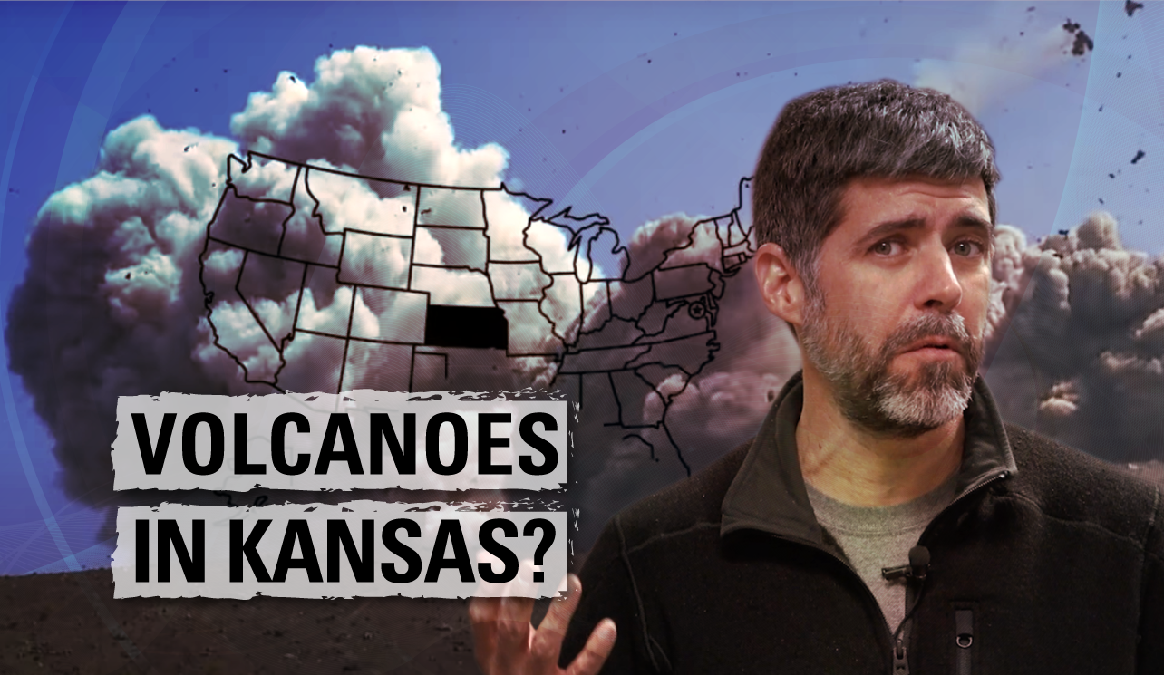 Man smirks with "Volcanoes in Kansas?" on top of a U.S. map with volcanic eruption in the background.
