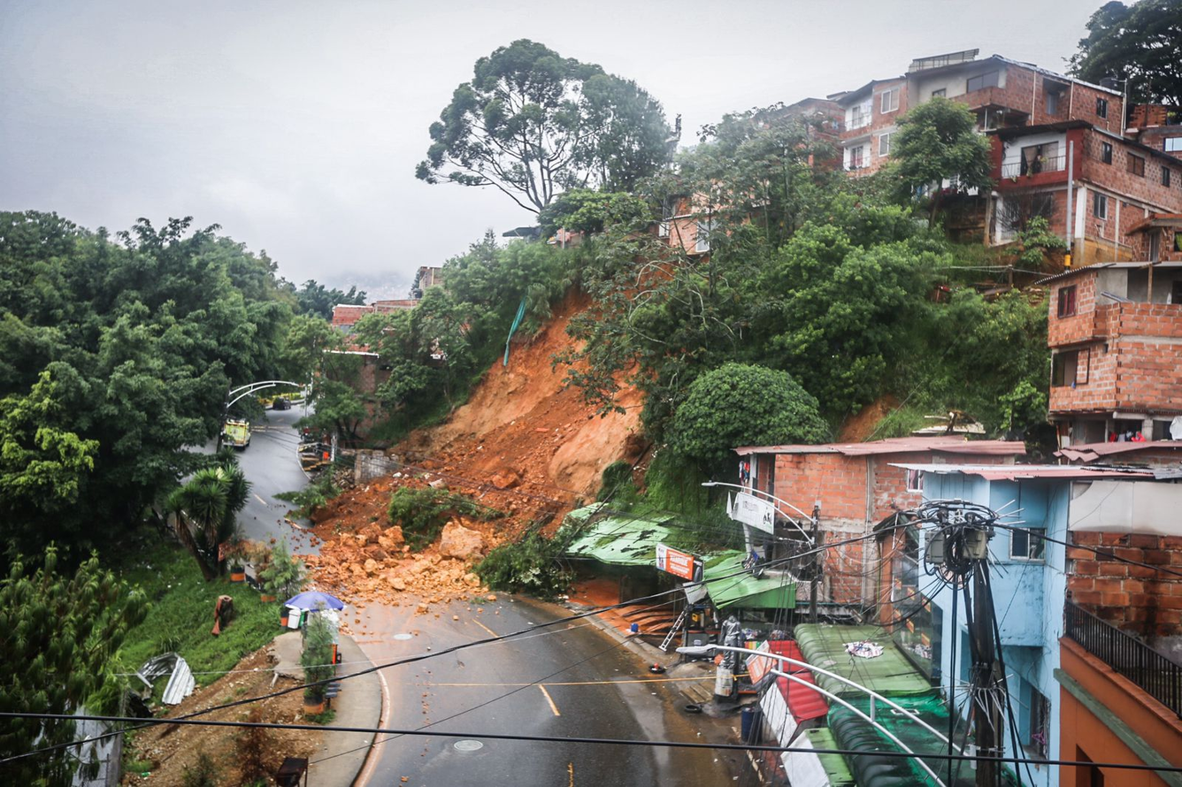 Hillslope with trees and landslide scar beneath building