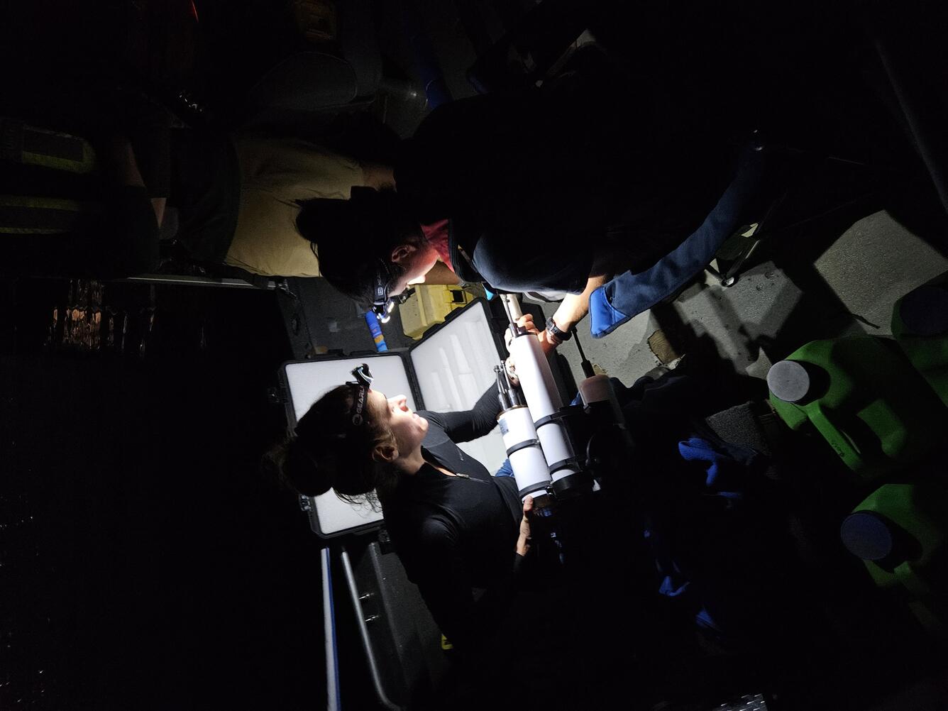 scientists working at night