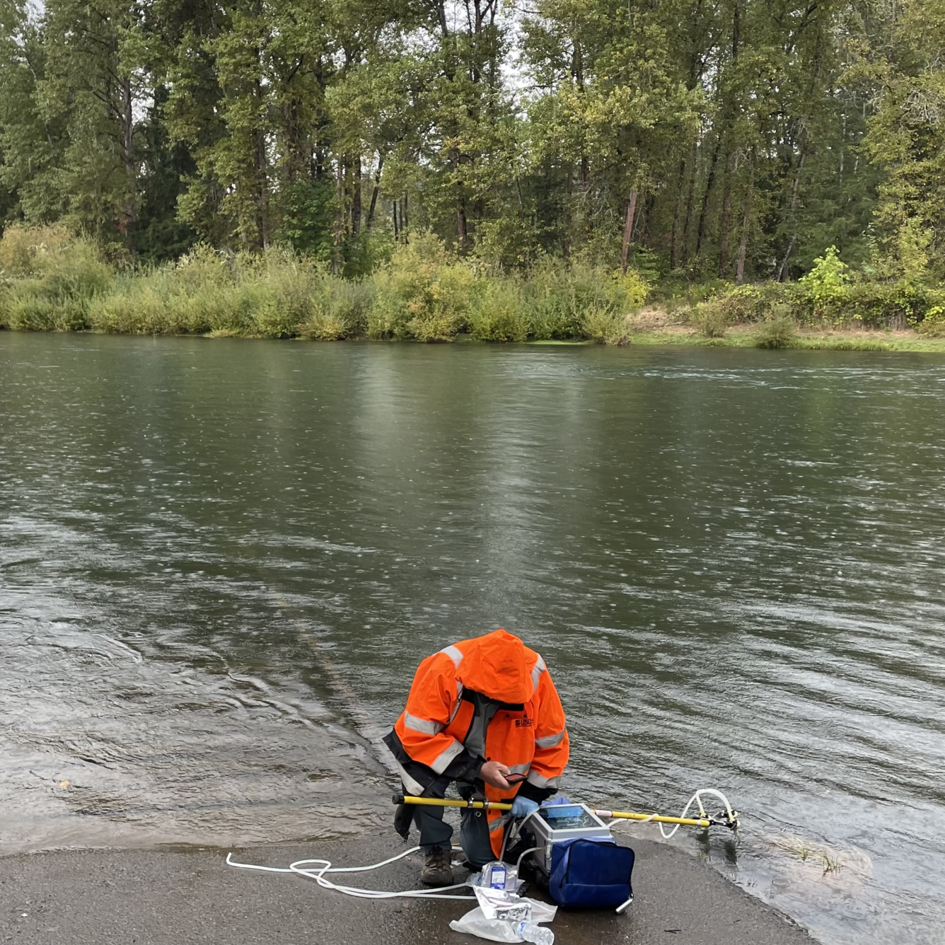 Male in a bright orange safety coat dips eDNA sampler into river water on a grey rainy day