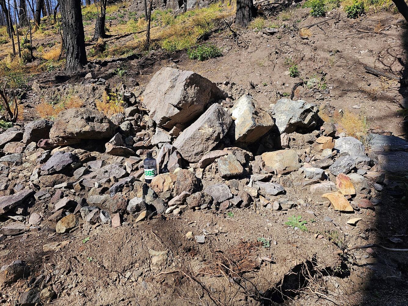 A pile of mud- to boulder-sized material on a hillslope
