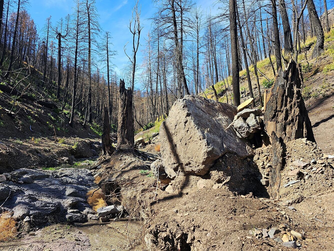 a large boulder and pile of dirt sit in a channel with hillslopes visible on either side