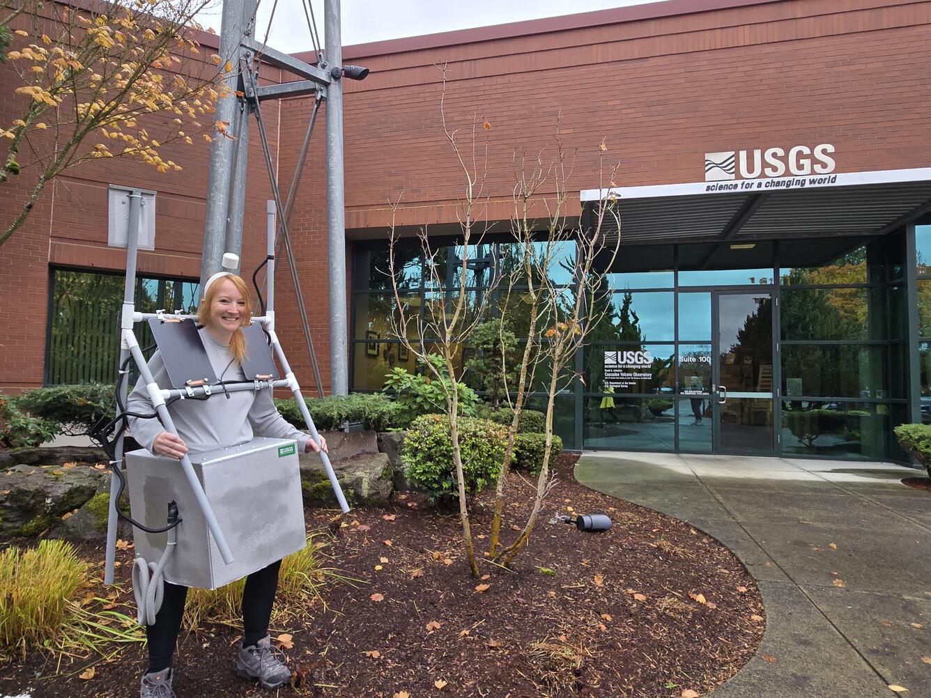 Erin wearing her handmade VALT costume for Halloween outside the Cascades Volcano Observatory.  