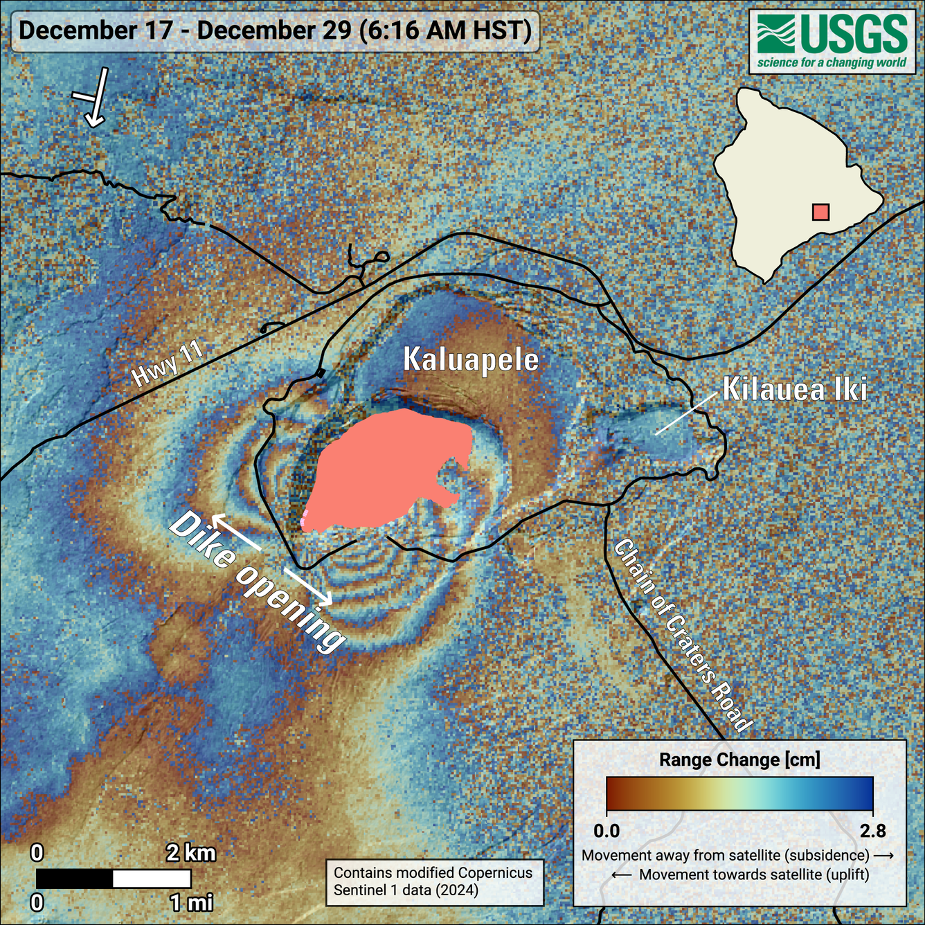 Color map showing ground deformation on volcano as a result of an eruption
