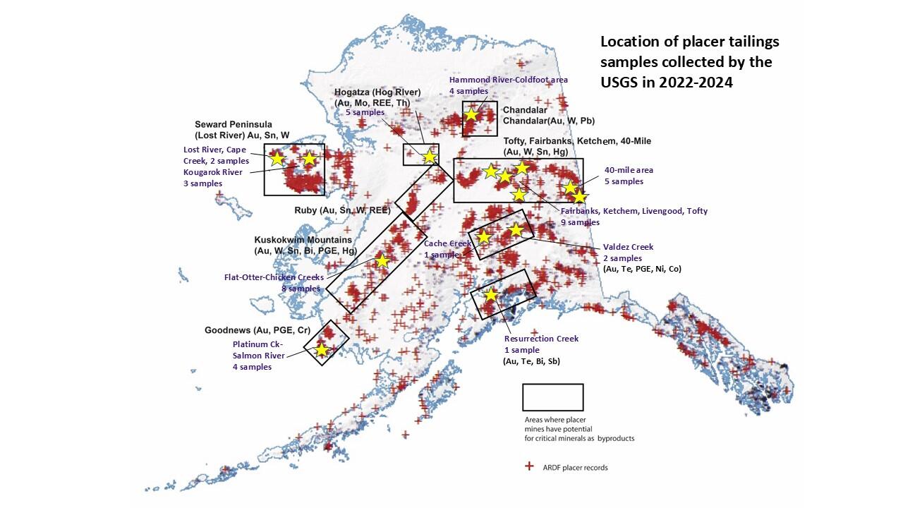 map of placer tailing samples in Alaska.