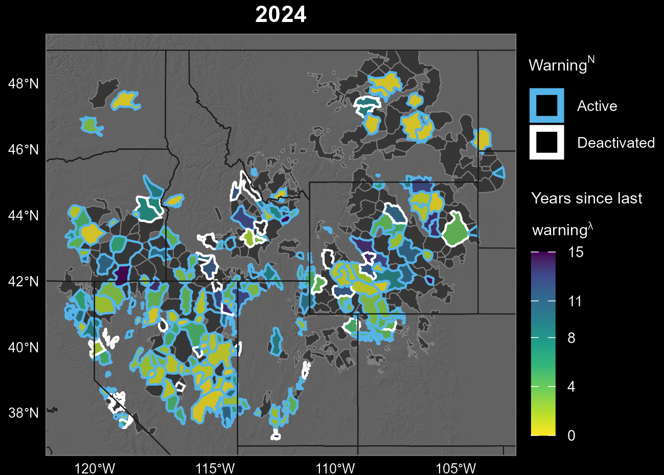 a map of western united states with different color polygons displaying years since last warning