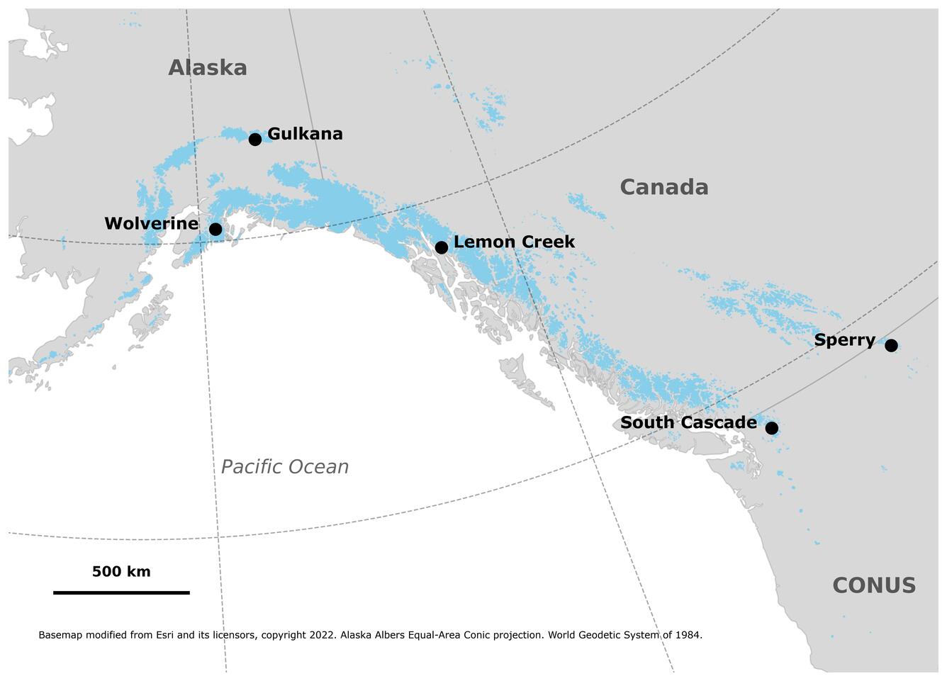 Grey map with black dots depicting the location of benchmark glaciers.
