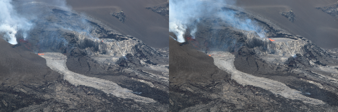 Side-by-side color photographs of erupting volcanic vents
