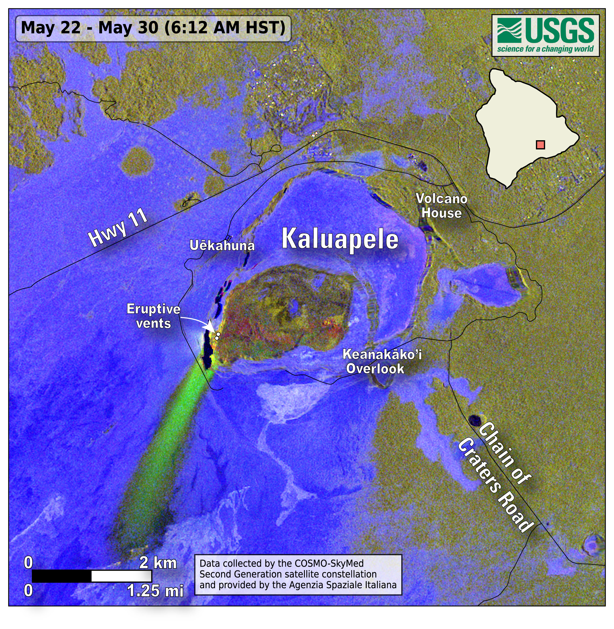 Color map showing areas of lava flow and tephra fall as a result of an eruption