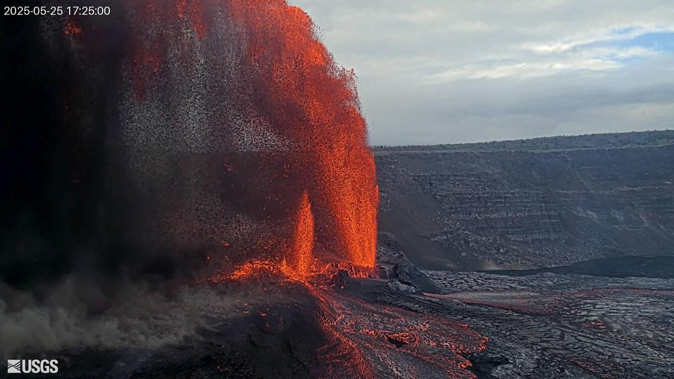 Color image showing two lava fountains and lava flows