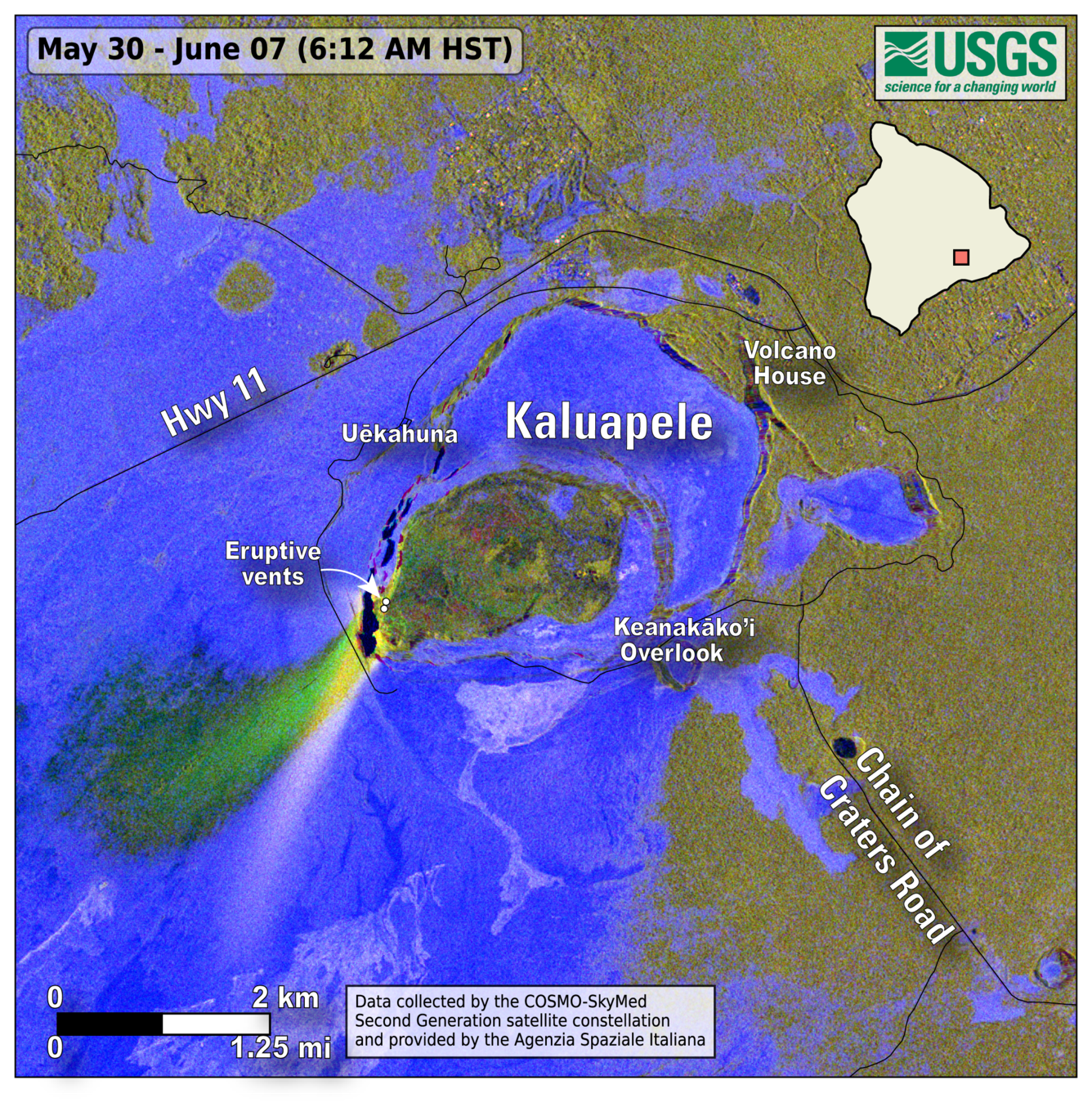 Color map showing distribution of eruption products