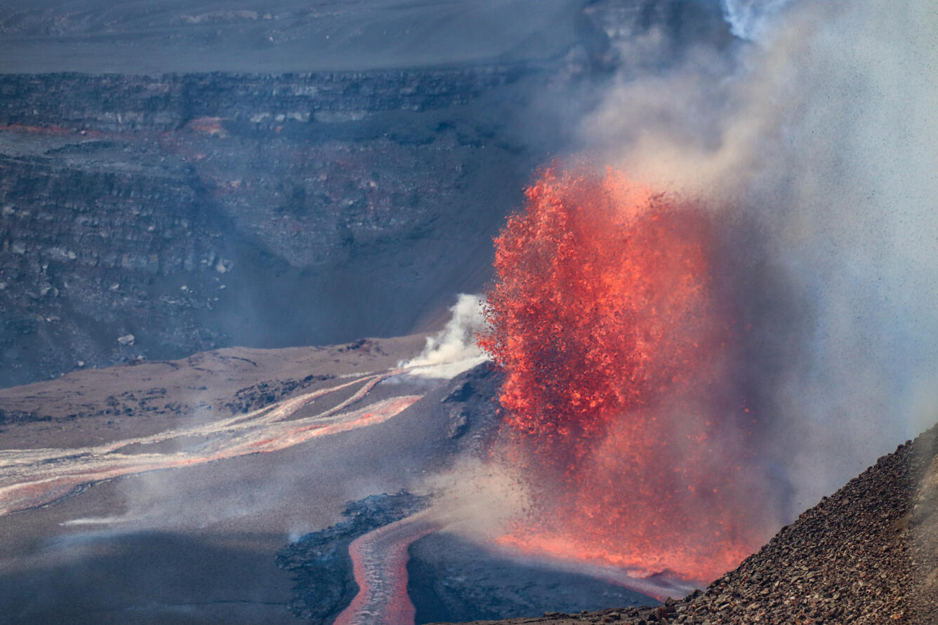 Color photograph of lava fountaining