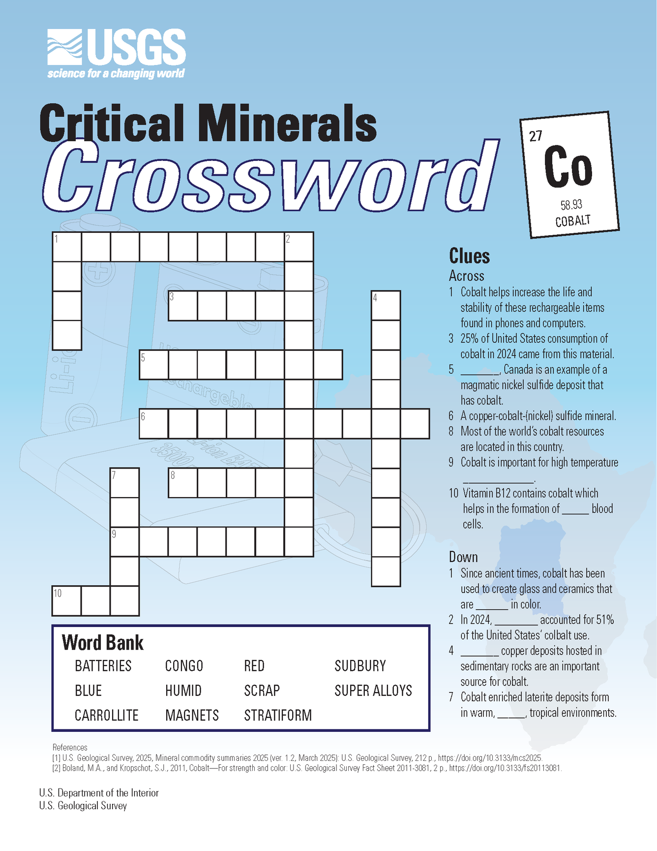 Crossword activity for uses of cobalt.