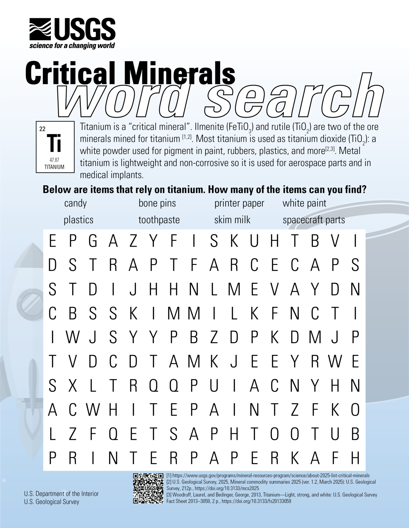 Word search activity for uses of titanium.