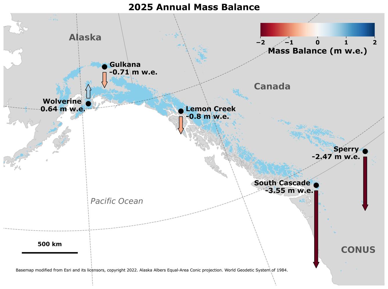 Infographic showing the annual glacier mass balance change in 2025.