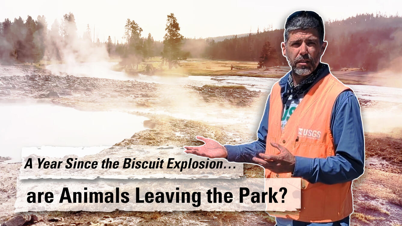 Thumbnail showing man in orange vest in front of a steaming geyser basin
