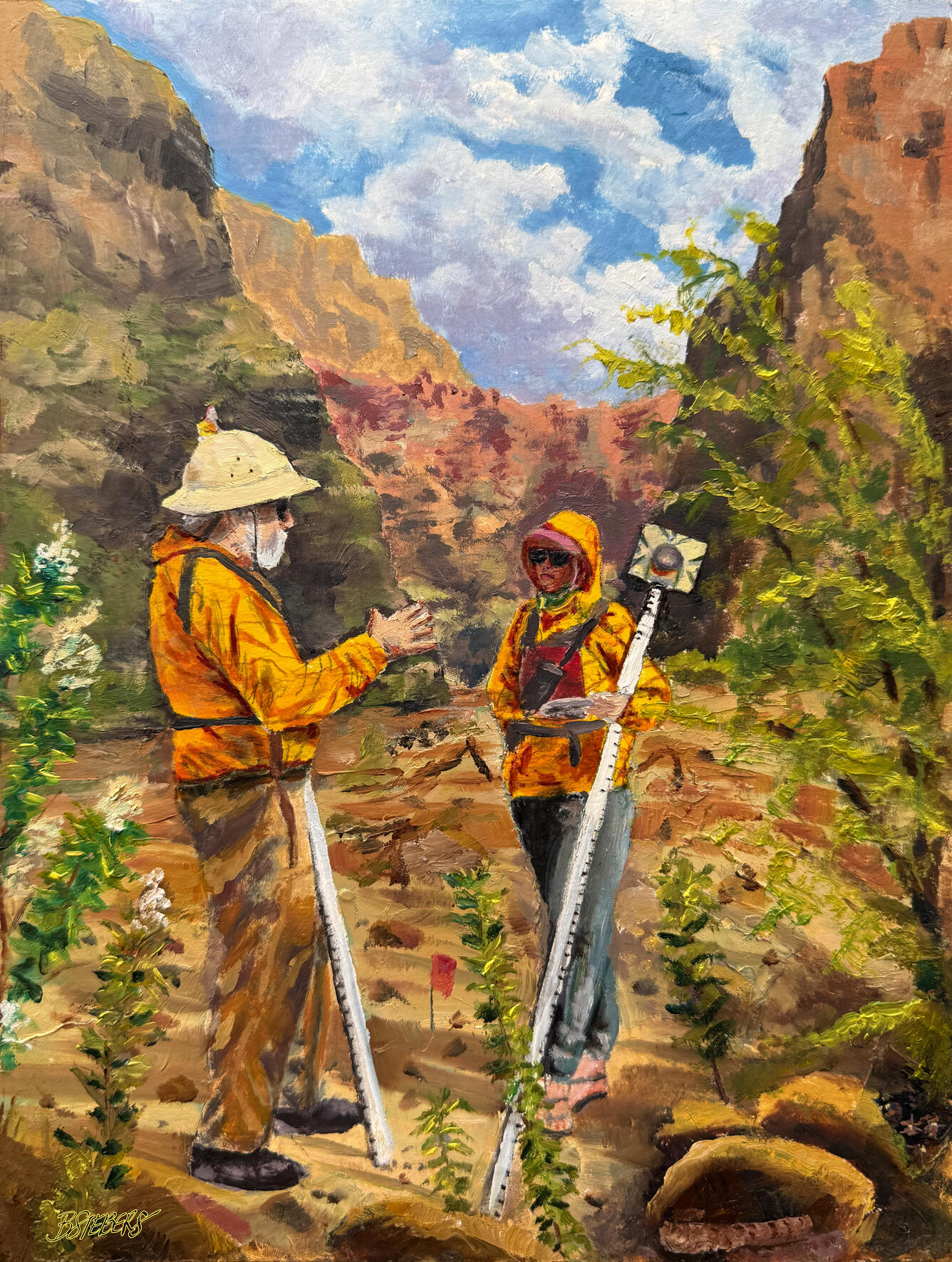Oil painting of two USGS technicians surveying a sandbar monitoring site on the Colorado River in Grand Canyon National Park