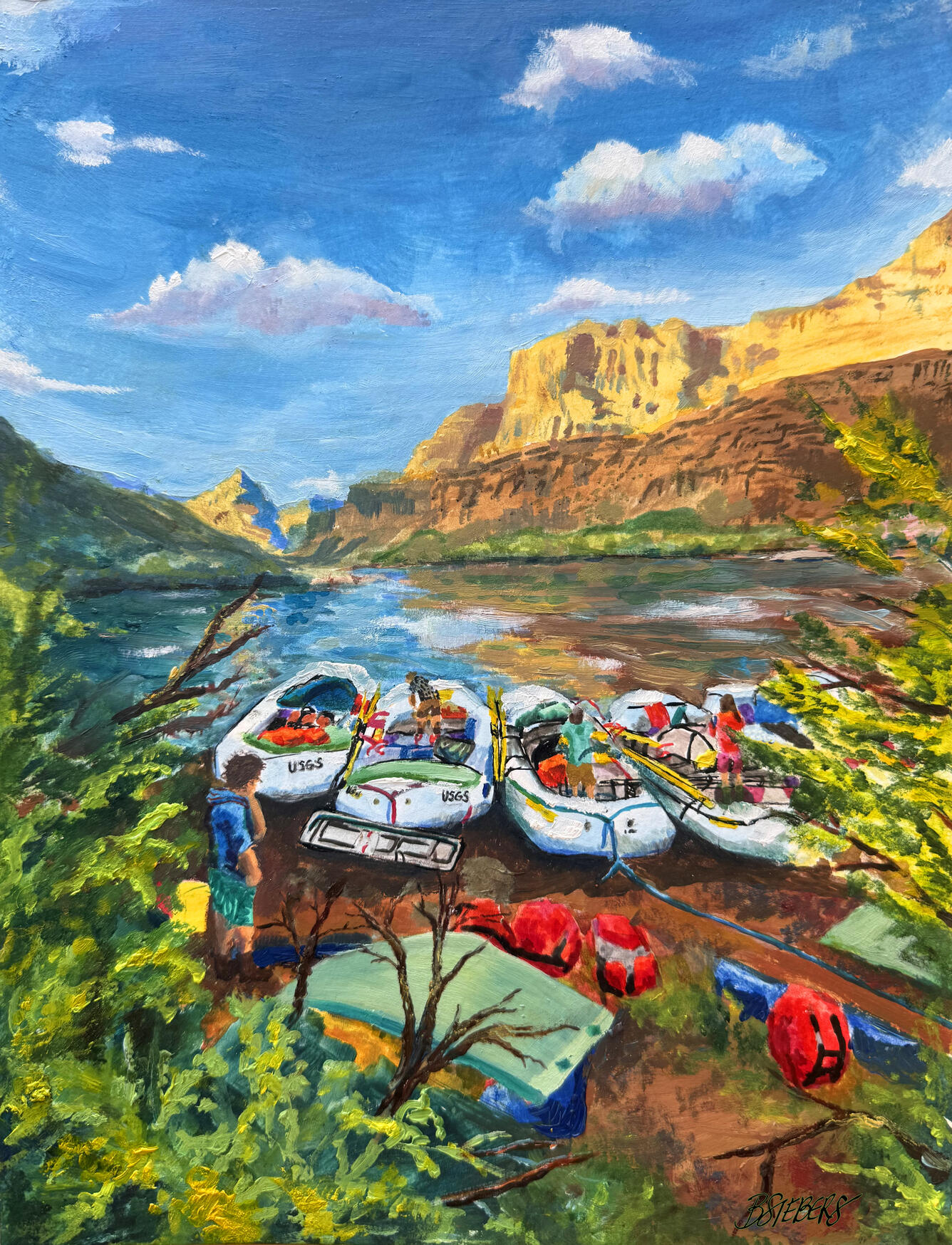Oil painting of USGS rafts on Sandbar on the Colorado River
