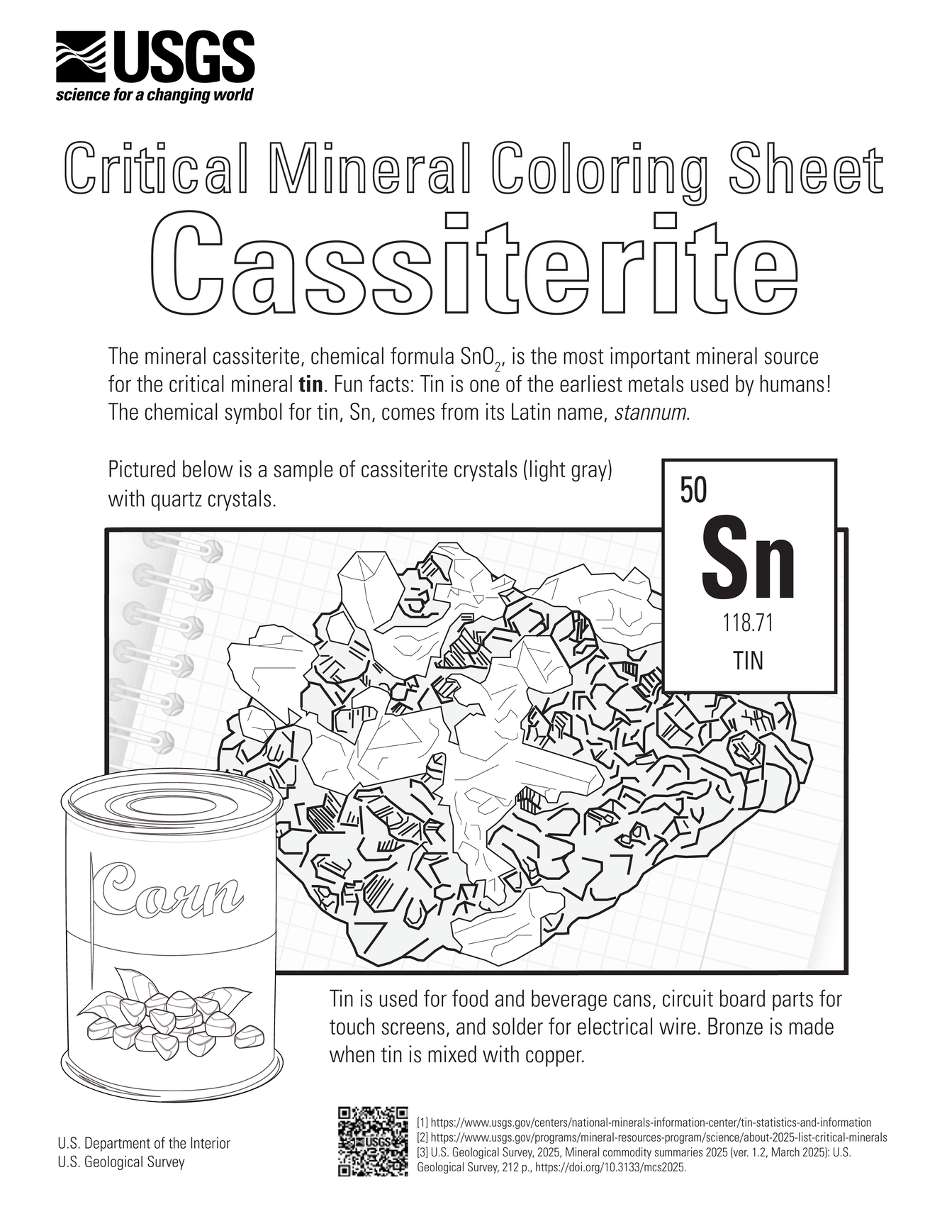 Coloring sheet featuring cassiterite and the critical mineral tin.