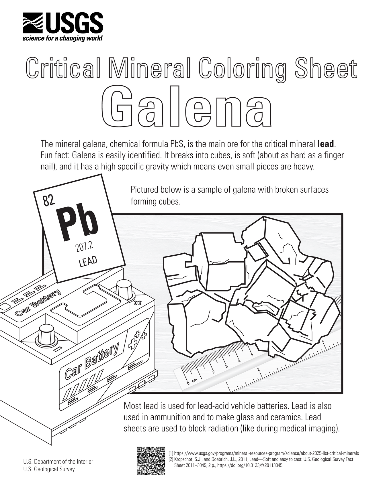 Coloring sheet for galena and the critical mineral lead.