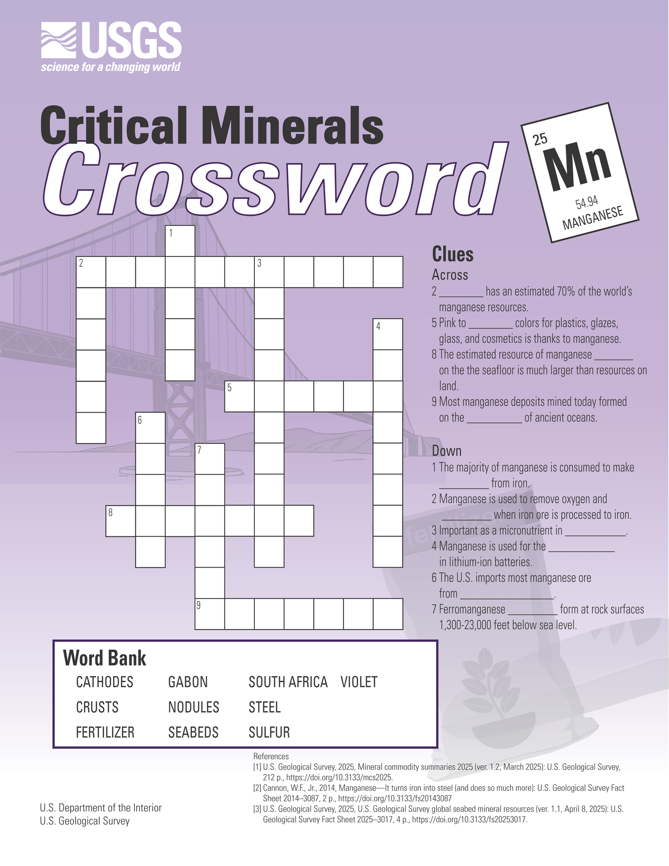 Crossword puzzle about the critical mineral manganese.