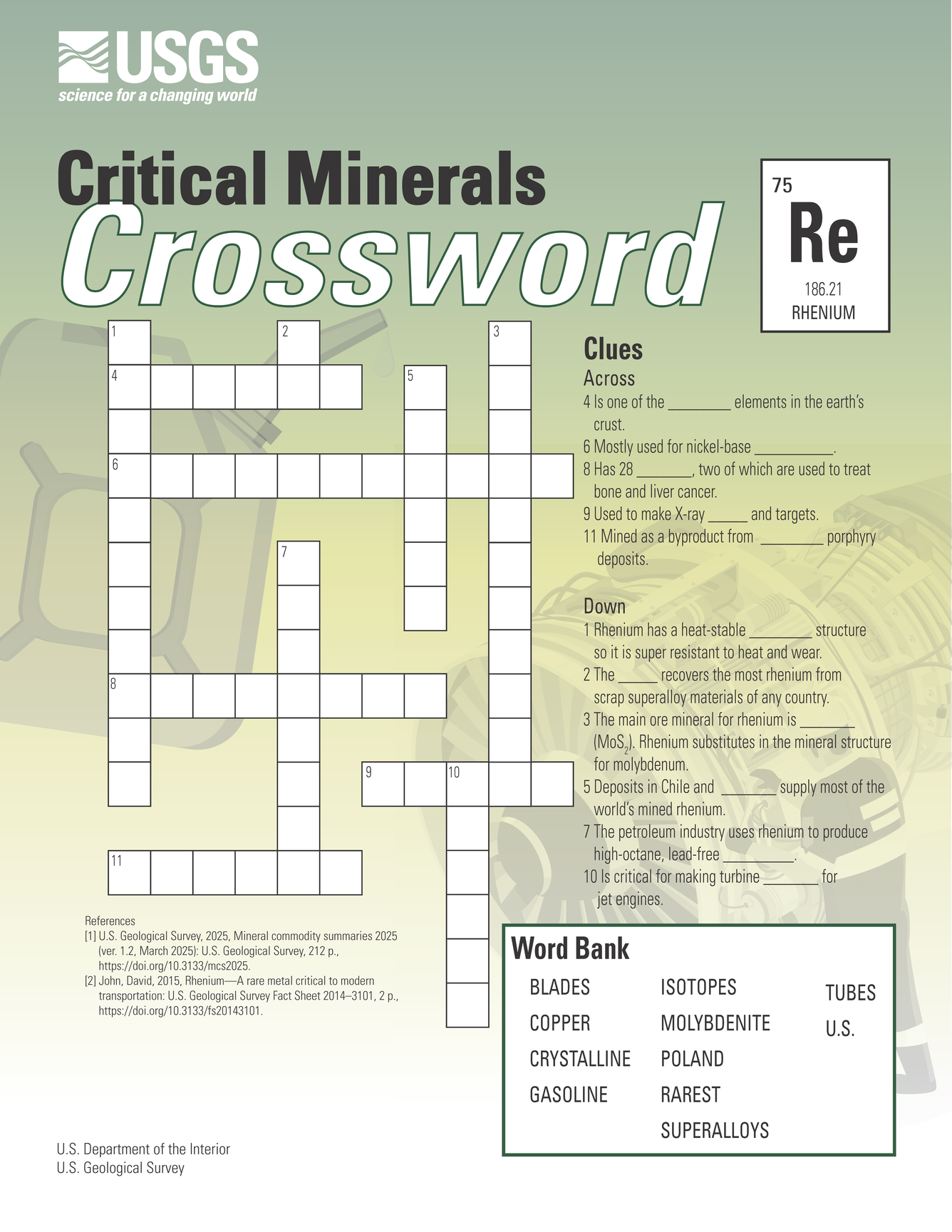 Crossword puzzle for the critical mineral rhenium.