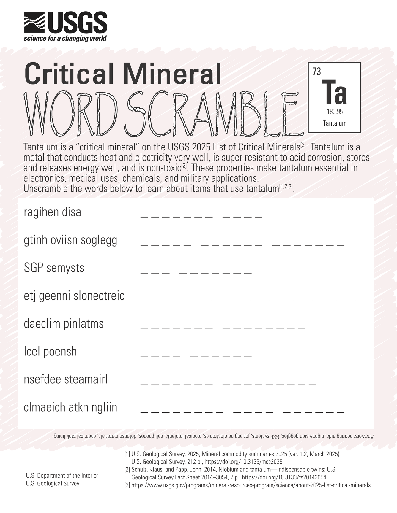 Word scramble puzzle about the critical mineral tantalum.