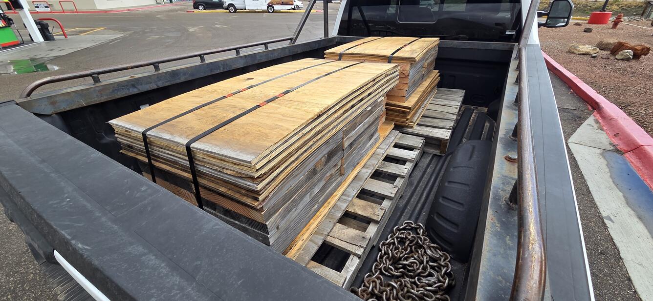 Plywood in the back of a pickup truck to be used to create habitat for a highly rare lizard