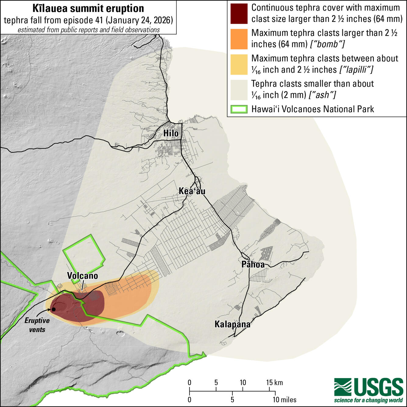 Color map showing area of volcanic fallout