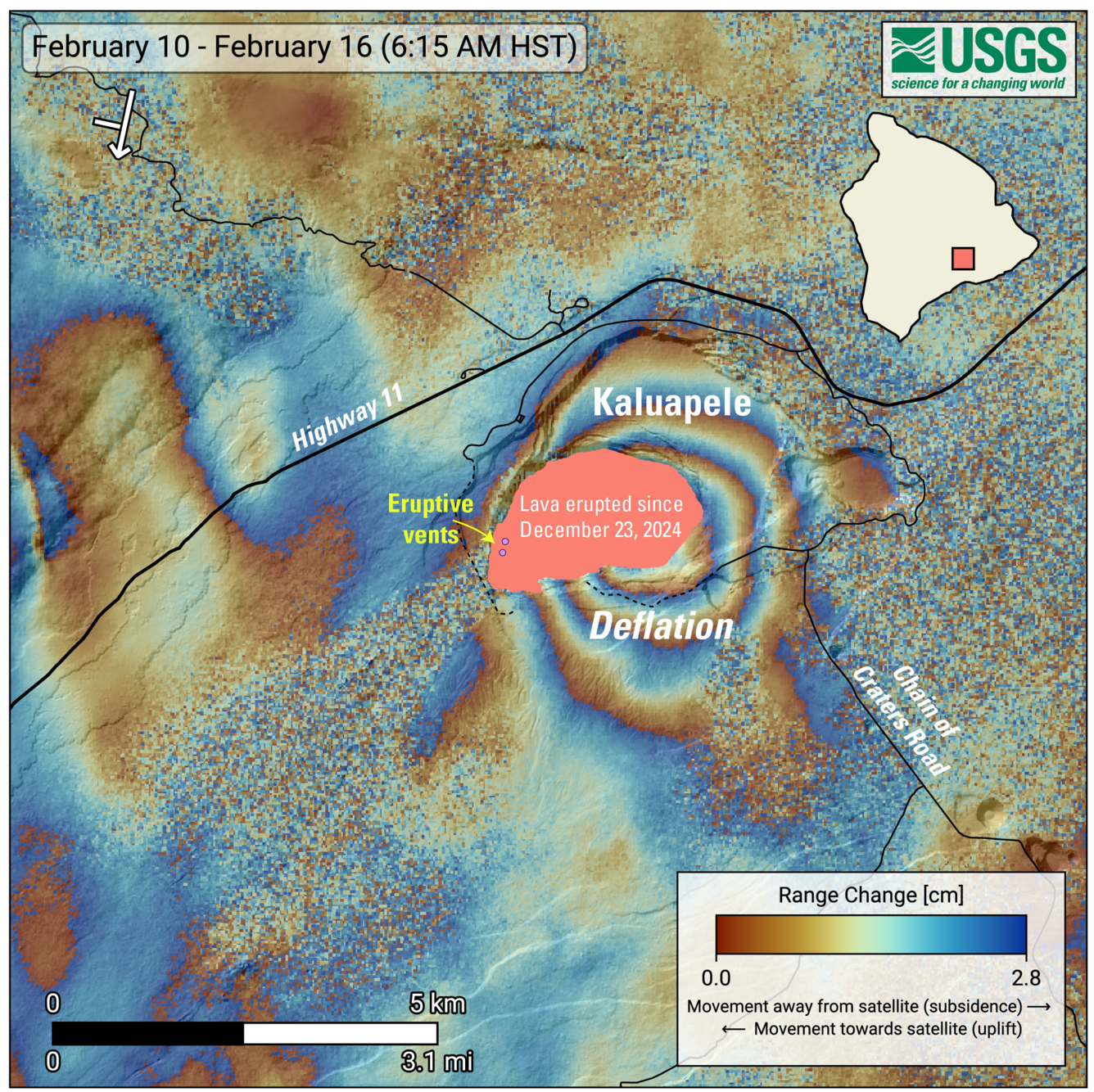 Color annotated satellite image showing ground deformation at summit of volcano