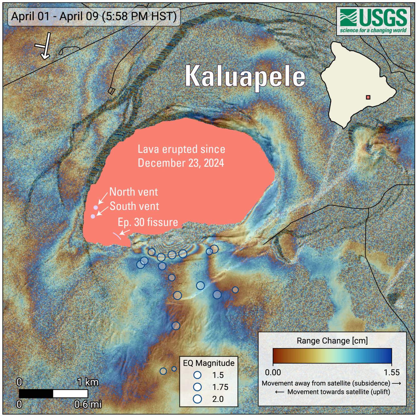 Color map graphic showing earthquakes and ground deformation at summit of volcano