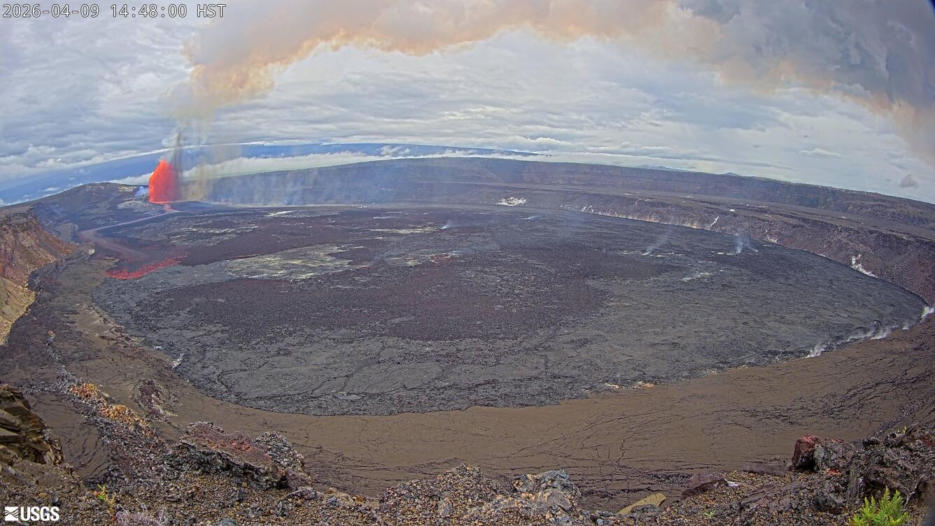 Color webcam image of volcanic eruption in crater