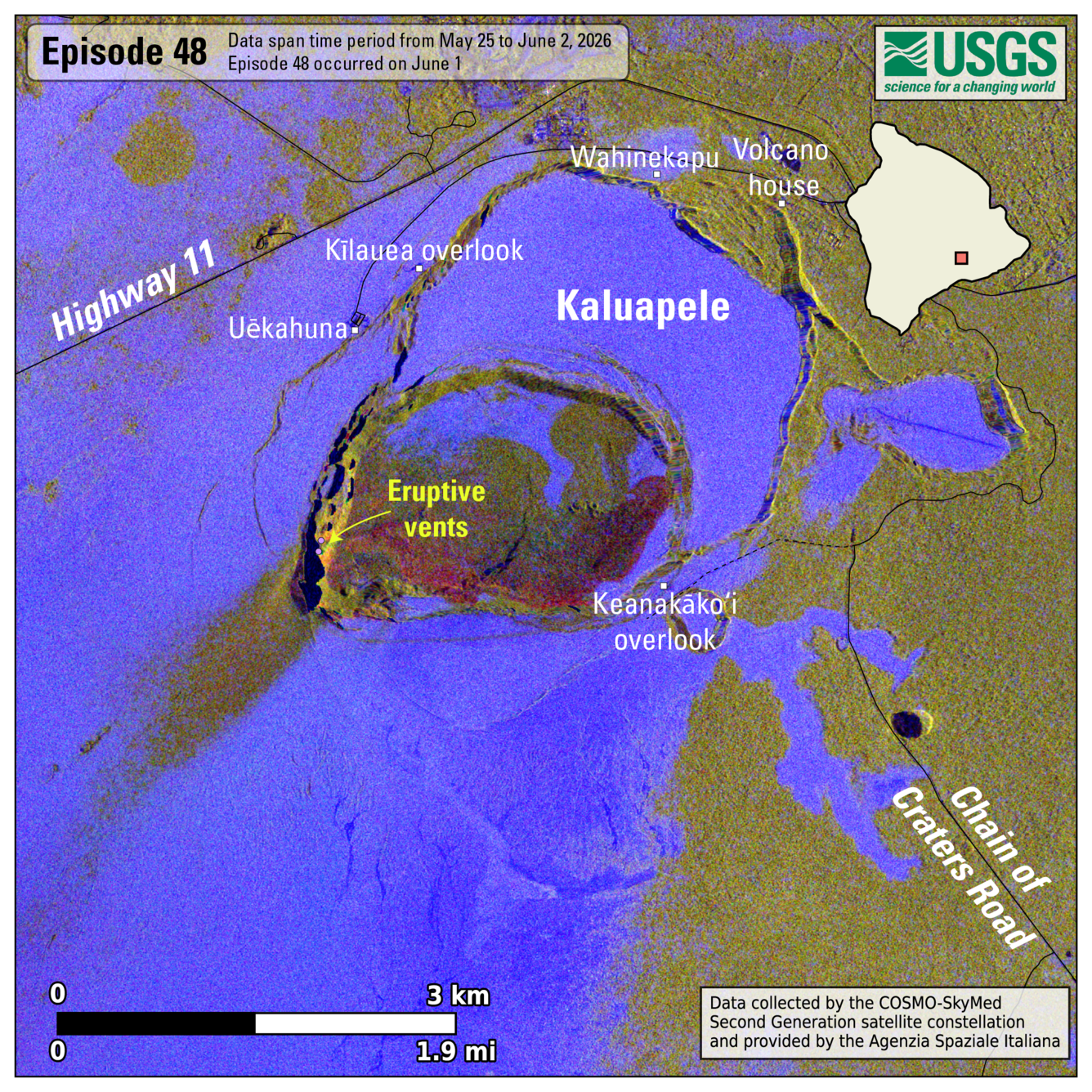 Color graphic map showing volcanic eruption deposit at the summit of a volcano