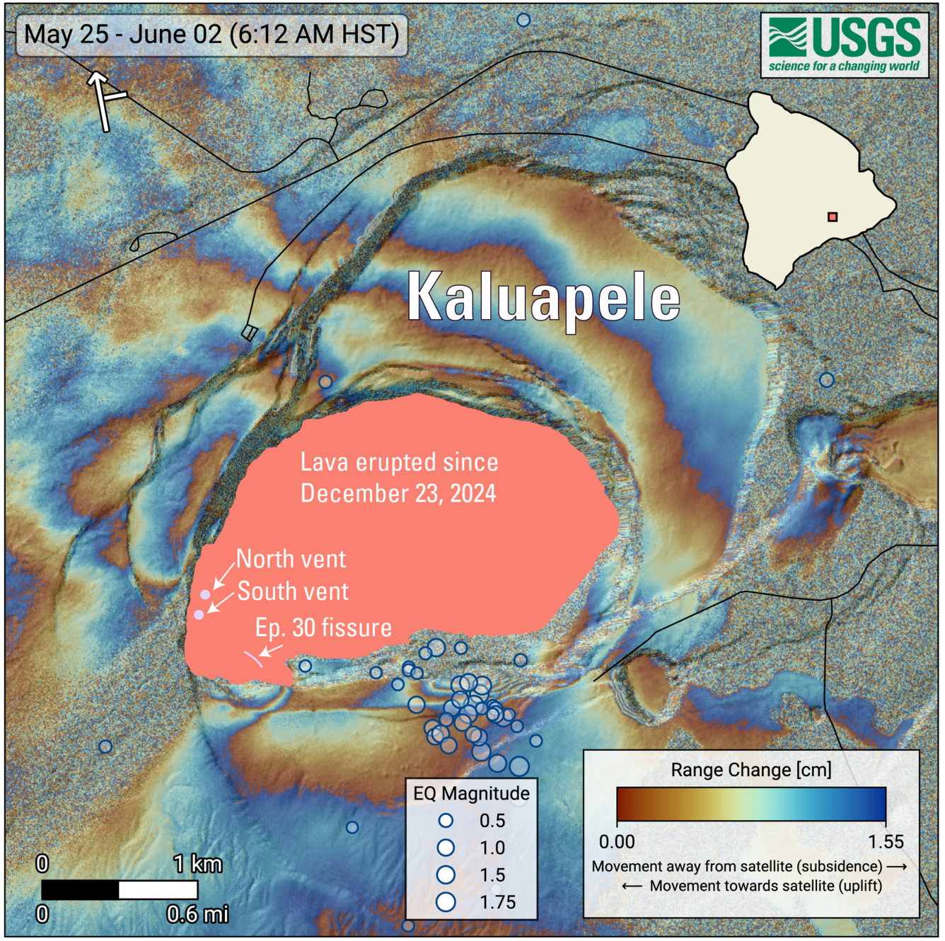 Color map showing ground deformation and earthquakes at the summit of a volcano