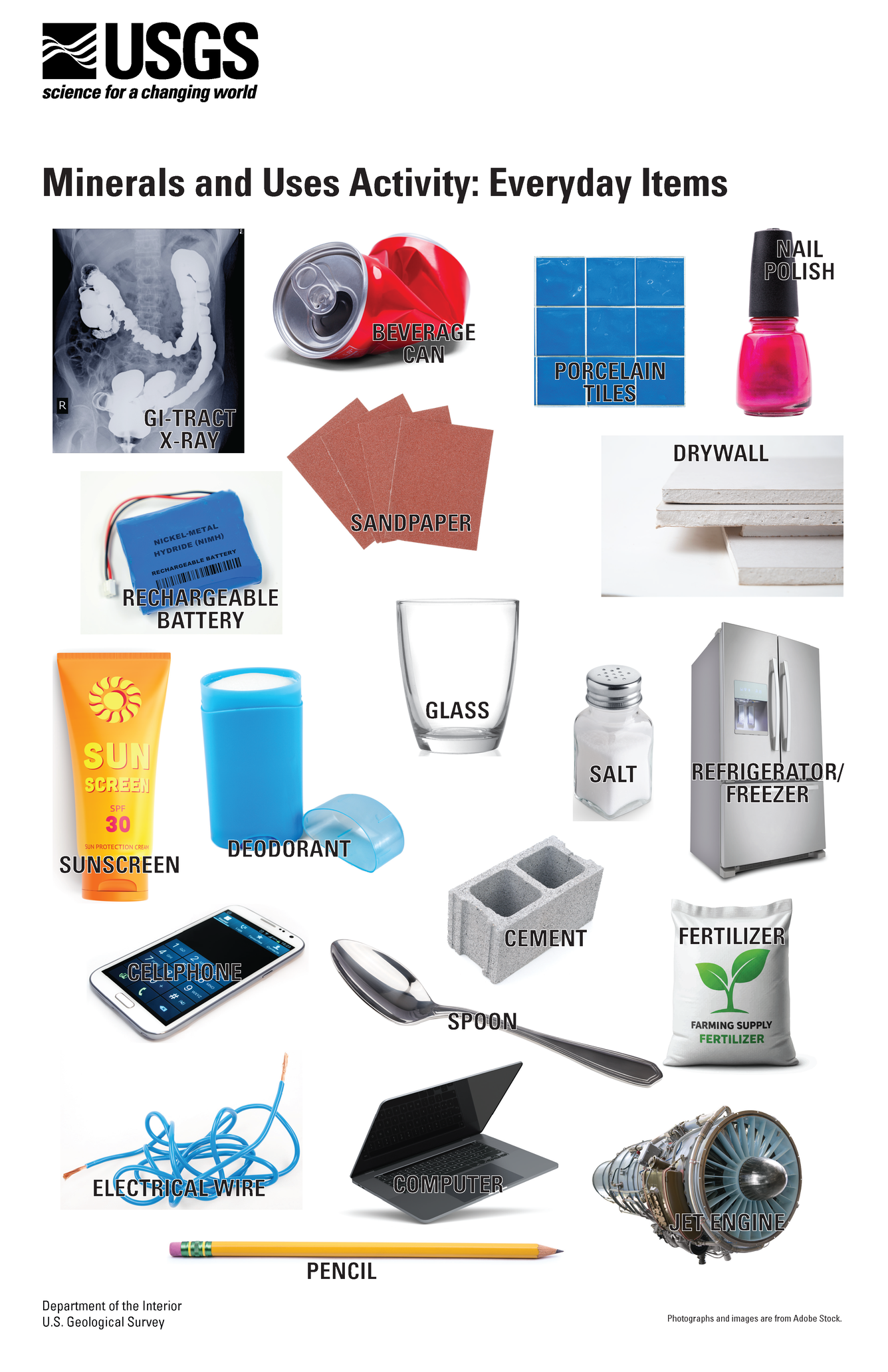 Everyday item images that accompany the Minerals and Uses Activity.