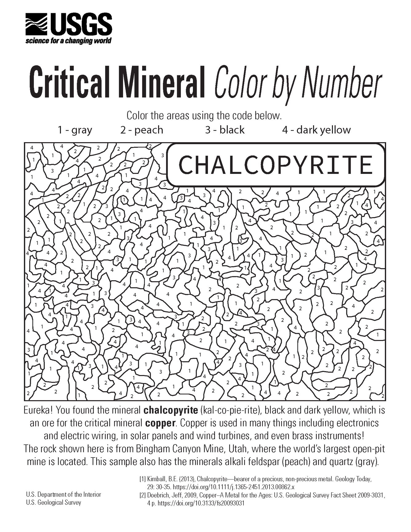 Coloring by number page featuring the critical mineral copper and its ore mineral chalcopyrite.