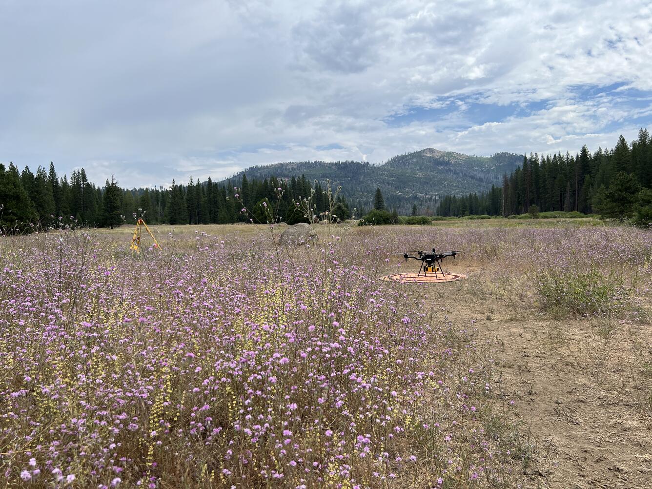 UAS craft, instruments, and landing pad in mountain clearing