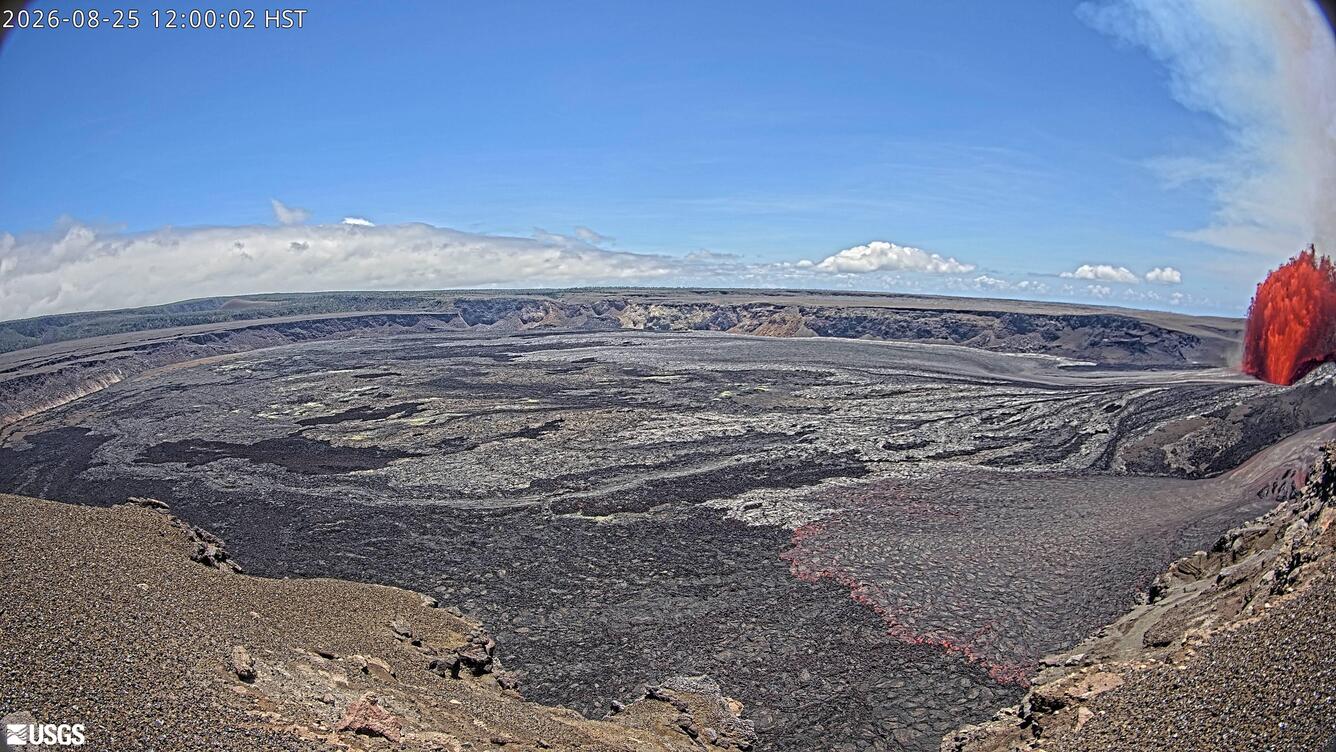 Color webcam image of lava fountain erupting in volcanic crater