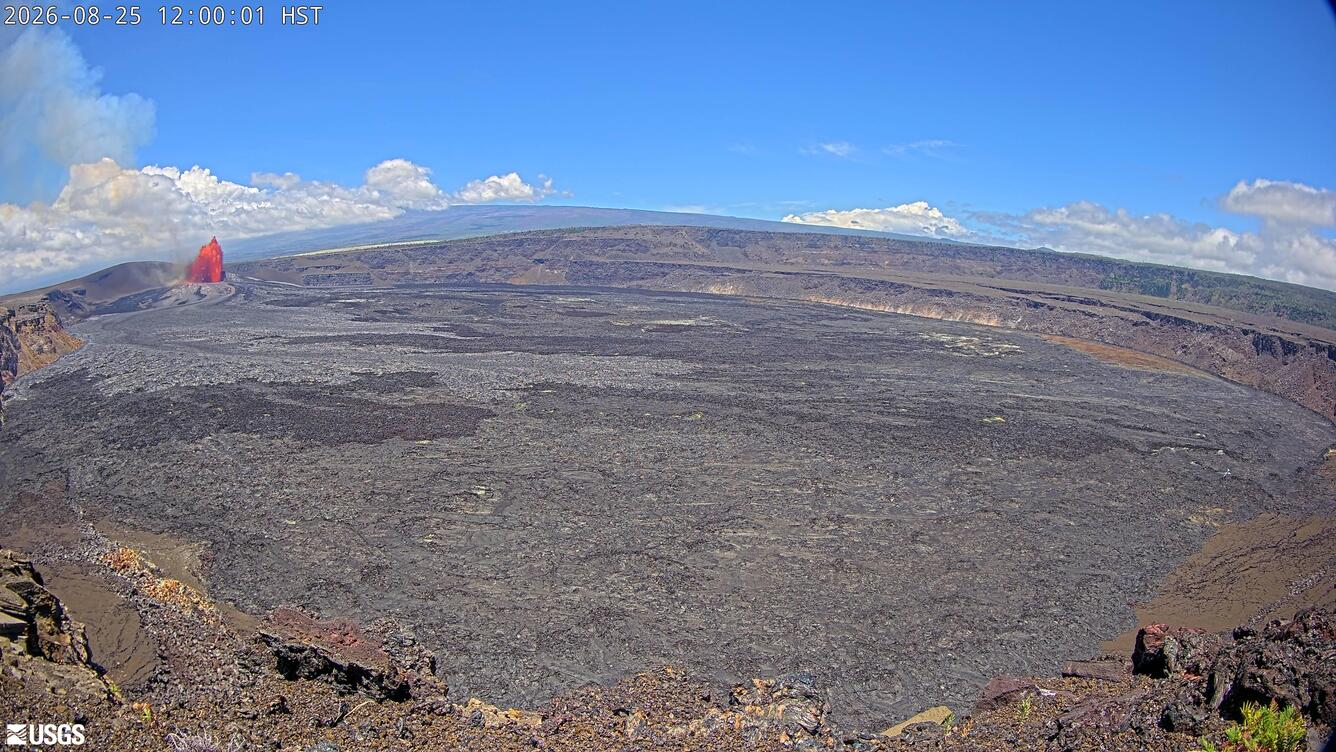 Color webcam image of lava fountain erupting within a volcanic crater