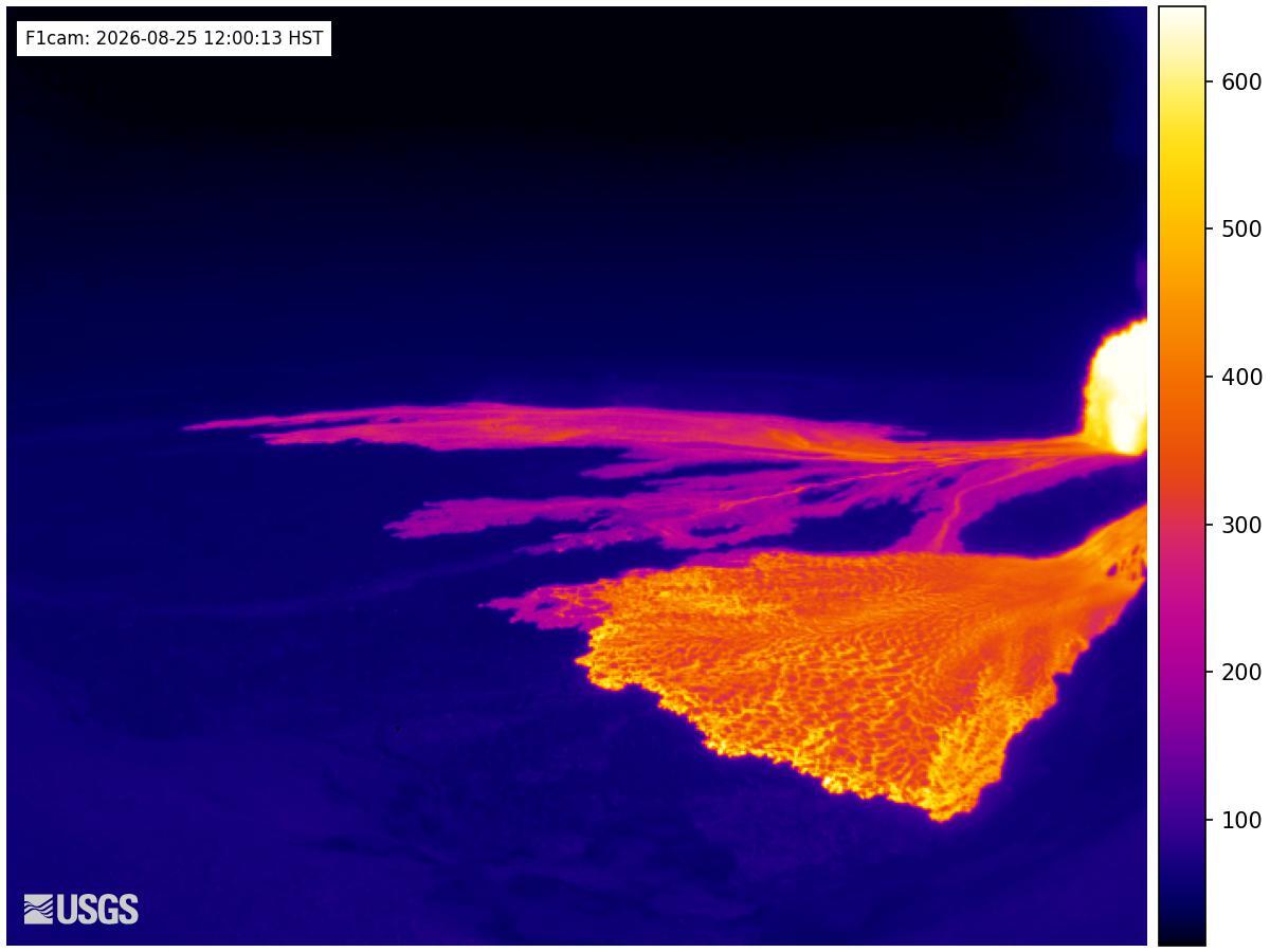 Color webcam image showing the temperature of an area where a volcanic eruption is occurring