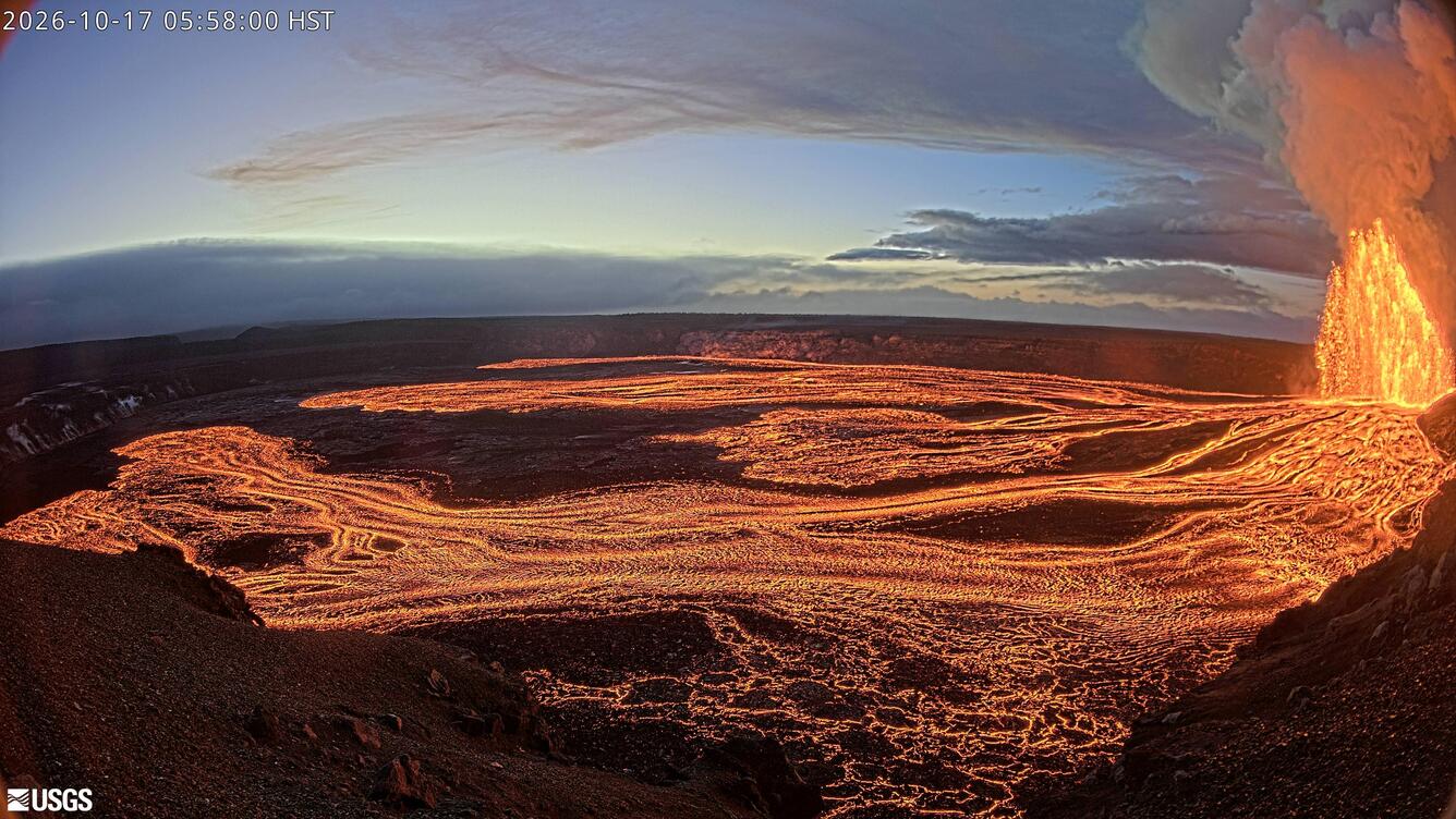 Color photograph of lava fountain and lava flows